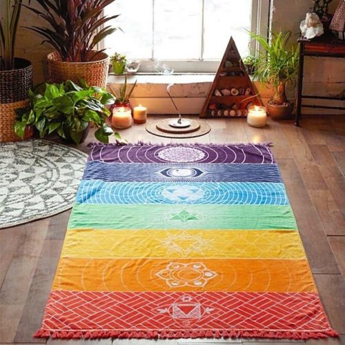  [아마존베스트]HAPPYX Yoga Mat Towel 7 Chakra Rainbow Colours Multifunctional Cotton Bohemia Mandala YogaD