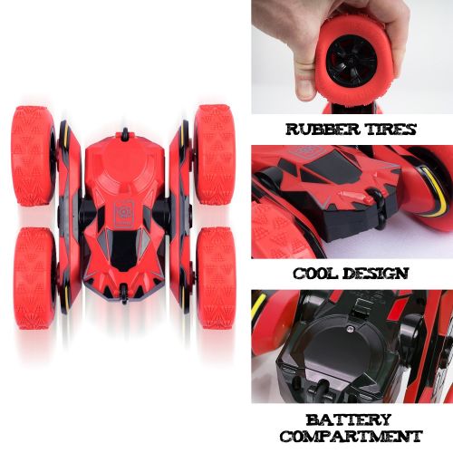  ANTAPRCIS Remote Control Stunt Car Toy, 2.4G RC Vehicle Spining Flip Flash Double Sided 360°Rolling Rotating Rotation for Kids Birthday Festival Present Gift, Red