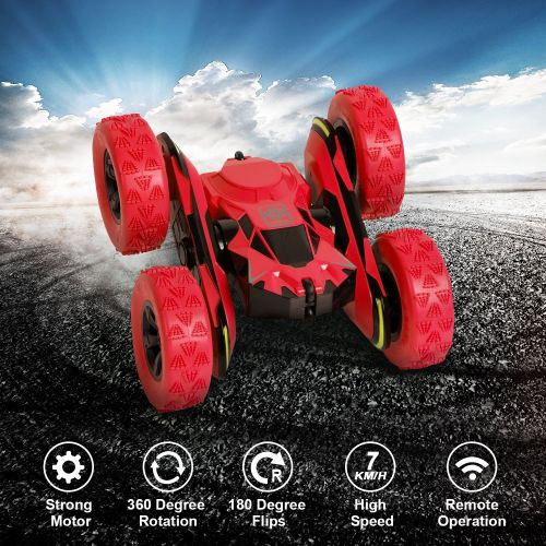  ANTAPRCIS Remote Control Stunt Car Toy, 2.4G RC Vehicle Spining Flip Flash Double Sided 360°Rolling Rotating Rotation for Kids Birthday Festival Present Gift, Red