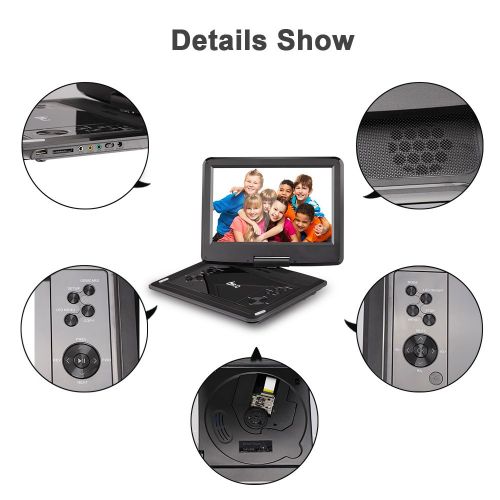  BD DR.Q 12.1 Inch Portable DVD Player with 6000mAh Rechargeable Battery, 270 Degree HD Swivel Screen, Remote Control, 5.9ft Car Charger, SD Card Slot, USB Port and Multiple Disc Forma