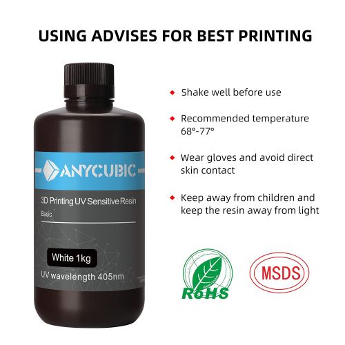  ANYCUBIC 3D Printer Resin, 405nm High Precision Fast Curing UV Photopolymer Resin for LCD 3D Printing 500ml White