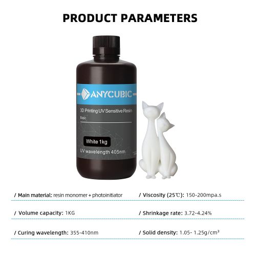  ANYCUBIC 3D Printer Resin, 405nm High Precision Fast Curing UV Photopolymer Resin for LCD 3D Printing 500ml White