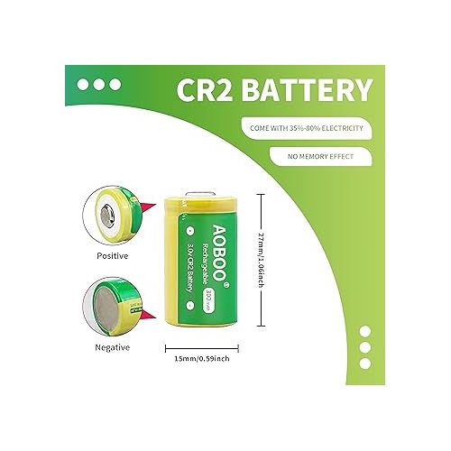  AOBOO CR2 Rechargeable Battery and Fast Charging head-300 mAh 3V Two-Pack Household Battery for Golf rangefinder, Telescope, Electric, Alarm and Other Equipment