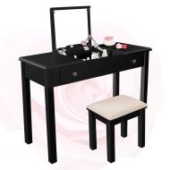 AODAILIHB Vanity Beauty Station with Cushioned Beauty Stool Set, 3 Removable Organizers，W35.43 x D15.75 x H30.31 (Black)