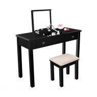AODAILIHB Vanity Table with Flip Top Mirror Makeup Dressing Table Writing Desk with Cushioning Makeup Stool Set, 2 Drawers 3 Removable Organizers Easy Assembly (Black)