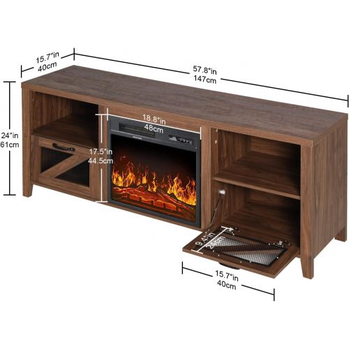  AODAILIHB Fireplace TV Stand & Media Entertainment Center Console Table for TVs up to 65 Inches with Barn Door Metal Mesh Drawer (with Fireplace, Brown)