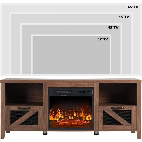  AODAILIHB Fireplace TV Stand & Media Entertainment Center Console Table for TVs up to 65 Inches with Barn Door Metal Mesh Drawer (with Fireplace, Brown)