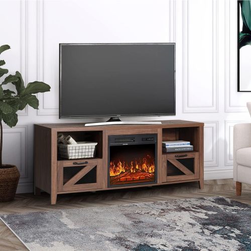  AODAILIHB Fireplace TV Stand & Media Entertainment Center Console Table for TVs up to 65 Inches with Barn Door Metal Mesh Drawer (with Fireplace, Brown)