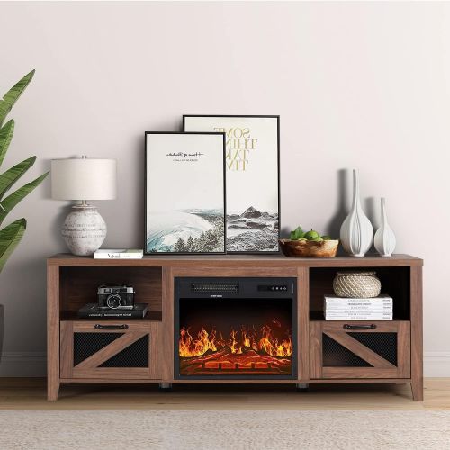  AODAILIHB Fireplace TV Stand & Media Entertainment Center Console Table for TVs up to 65 Inches with Barn Door Metal Mesh Drawer (with Fireplace, Brown)