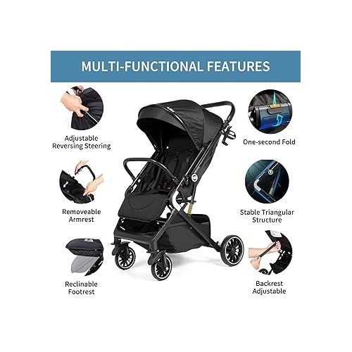  Lightweight Reversible Baby Stroller, Infant Toddler Stroller, One Hand Easy Folding Compact Travel Stroller with Cup Holder & Oversize Basket, Sleep Shade for Airplane Travel and More