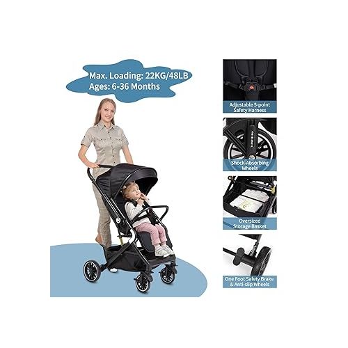  Lightweight Reversible Baby Stroller, Infant Toddler Stroller, One Hand Easy Folding Compact Travel Stroller with Cup Holder & Oversize Basket, Sleep Shade for Airplane Travel and More