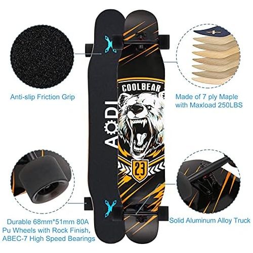  AODI 46 Longboard Skateboard Complete Canadian Maple Wood Double Kick Concave Maple Pro Beginner Dance Board with LED PU Wheels for Kids Adults