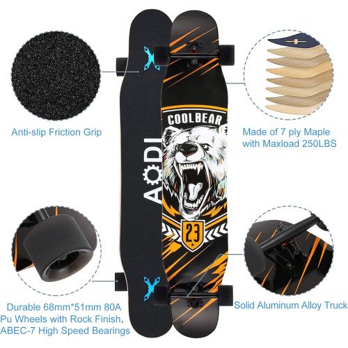  AODI 46 Longboard Skateboard Complete Canadian Maple Wood Double Kick Concave Maple Pro Beginner Dance Board with LED PU Wheels for Kids Adults