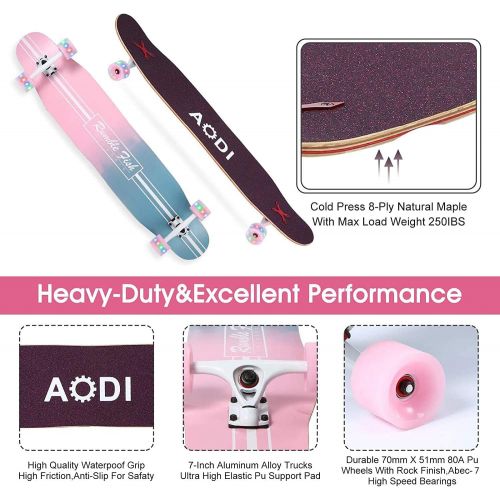  AODI 46in Longboard Skateboard Complete Cruiser, Freeride Skateboards with LED PU Wheels 7 Ply Canadian Maple Skateboards for Cruising, Carving, Downhill