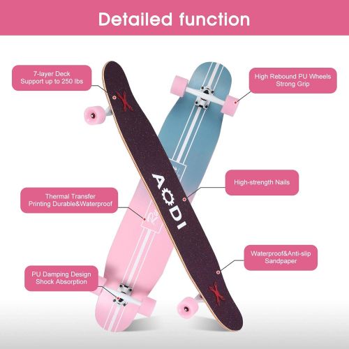  AODI 46in Longboard Skateboard Complete Cruiser, Freeride Skateboards with LED PU Wheels 7 Ply Canadian Maple Skateboards for Cruising, Carving, Downhill