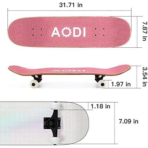  AODI 31 Inch Skateboards for Beginners, Pro Complete Skateboard Canadian 7 Layer Maple Wood Kick Cruiser Standard Skate Board Designed for Kids Teens & Adults