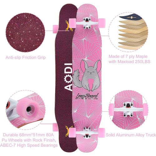  AODI 46 Inch Freeride Longboard Skateboard - Complete Cruiser Skateboards Canadian Maple Double Kick Concave Dance Board with LED Wheels for Cruising, Carving, Downhills