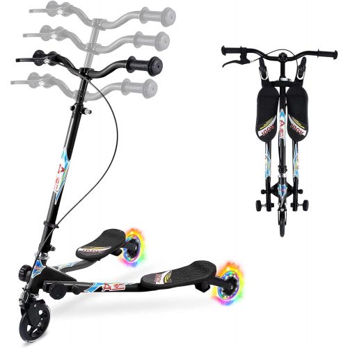  AODI Swing Scooter for Kids, 3 Wheels Foldable Wiggle Scooter Push Drifting with Adjustable & 2 Rear LED Wheels Kicks Scooter for Boys and Girls Ages 3-8