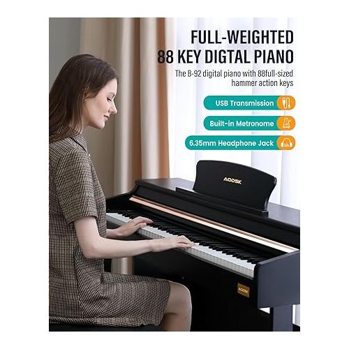  88 Key Digital Piano,Weighted Hammer Action Digital Piano with Full-Size Weighted Keys,Triple Pedal,Beginner Bundle with Furniture Stand,Slide Key Cover,Black,Piano Lessons (UPB-92)