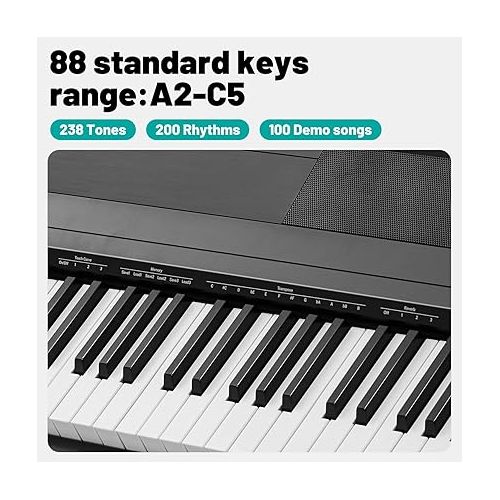  Beginner Digital Piano 88-Key, Keyboard Electric Piano, Full Size Semi Weighted Keys, 238 Tones,100 Demo Songs, with Sustain Pedal, Stereo Speakers, MP3 Function,Black,Piano Lessons(S-300U)