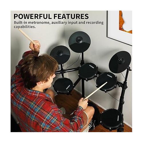  Electric Drum Set,Electric Drum Kit for Adults Beginner with 225 Sounds and 15 Drum Kits,USB MIDI,Silent Mesh Drum Set with Heavy Duty Pedals,Contains Drum Throne,Drumsticks,Headphones,UAED-500