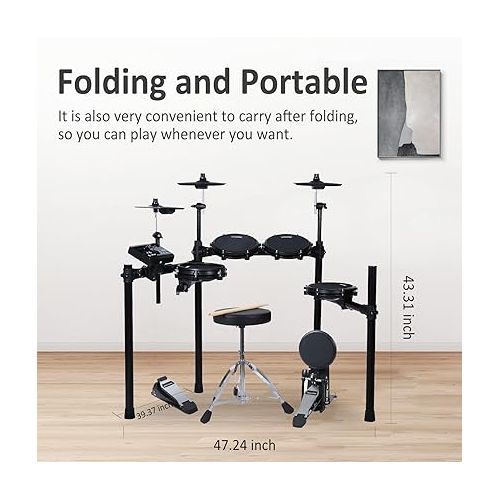  Electric Drum Set,Electric Drum Kit for Adults Beginner with 225 Sounds and 15 Drum Kits,USB MIDI,Silent Mesh Drum Set with Heavy Duty Pedals,Contains Drum Throne,Drumsticks,Headphones,UAED-500