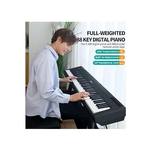  Weighted Piano 88-Key Beginner Digital Piano,Full Size Weighted keyboard with Hammer Action,with Sustain Pedal,2x25W Stereo Speakers,MP3 Function,Piano Lessons,Black,S-200