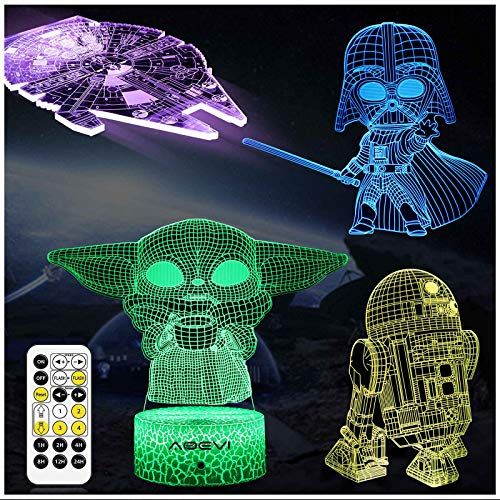  [아마존베스트]AOEVI Star Wars Gifts, Star Wars Toys 7 Colors Changing 3D Night Light for Kids Room Decor with Remote & Timer, (4 Patterns) Starwars Illusion Lamp Birthday Gifts for Boys Men Brot