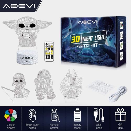  [아마존베스트]AOEVI Star Wars Gifts, Star Wars Toys 7 Colors Changing 3D Night Light for Kids Room Decor with Remote & Timer, (4 Patterns) Starwars Illusion Lamp Birthday Gifts for Boys Men Brot