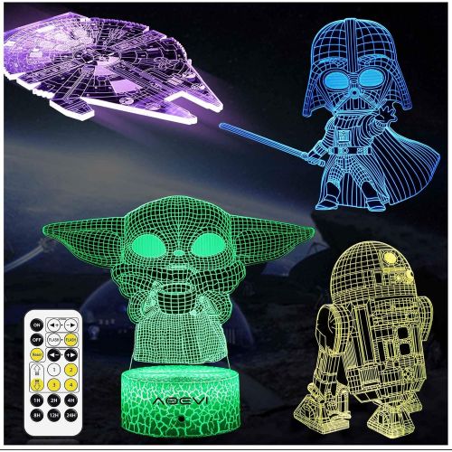  [아마존베스트]AOEVI Star Wars Gifts, Star Wars Toys 7 Colors Changing 3D Night Light for Kids Room Decor with Remote & Timer, (4 Patterns) Starwars Illusion Lamp Birthday Gifts for Boys Men Brot