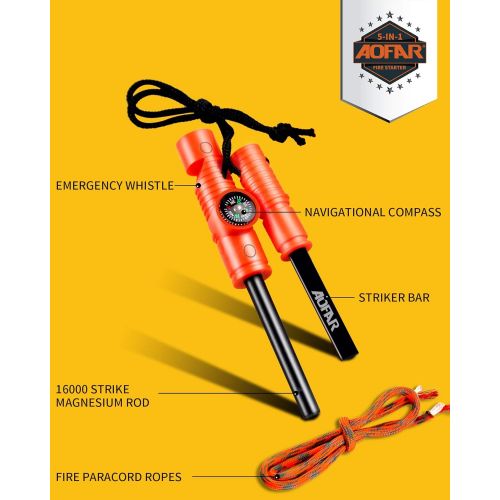  [아마존베스트]AOFAR 5-in-1 Fire Starter (2-Pack) Pouch for Camping, Hiking, Hunting, Backpacking,Outdoor Magnesium Survival Rod with Fire Paracord, Compass and Whistle