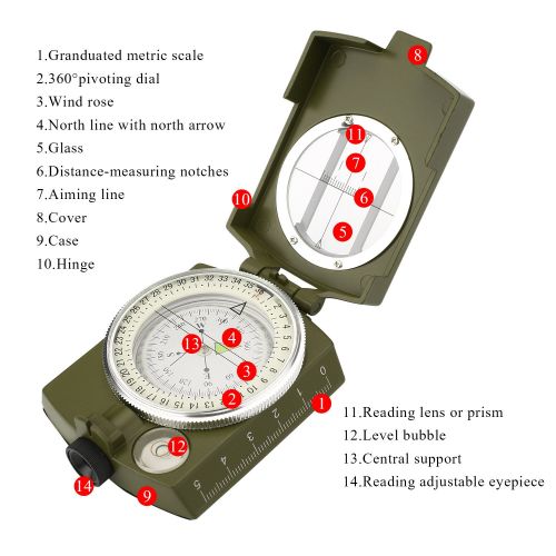  AOFAR Forfar Military Compass, Multifunction Professional Military Army Metal Sighting Compass with Inclinometer, Waterproof for Outdoor Hiking Camping