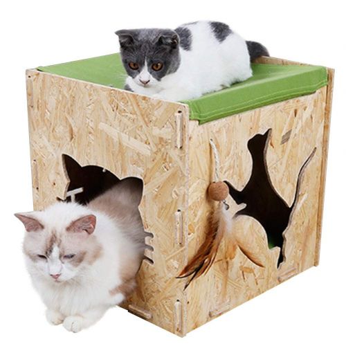  AOFITEE Wooden Pet Cat House Condo with Detachable Roof & Removable Cushion, Indoor Outdoor Cat Cube Shelter Durable Kitty Hiding Place Cat Cave