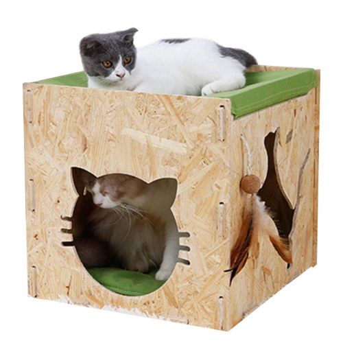  AOFITEE Wooden Pet Cat House Condo with Detachable Roof & Removable Cushion, Indoor Outdoor Cat Cube Shelter Durable Kitty Hiding Place Cat Cave