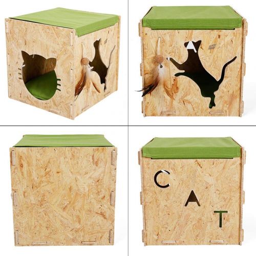  AOFITEE Wooden Pet Cat House Condo with Detachable Roof & Removable Cushion, Indoor Outdoor Cat Cube Shelter Durable Kitty Hiding Place Cat Cave