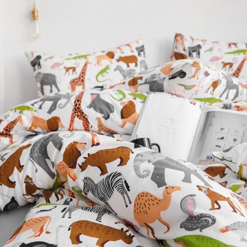  [아마존베스트]AOJIM Elephant Flamingo Lion Dinosaur Deer Zebra Duvet Cover Set, Animals Zoo Bedding Pillowcases Pure Cotton Made Twin Size