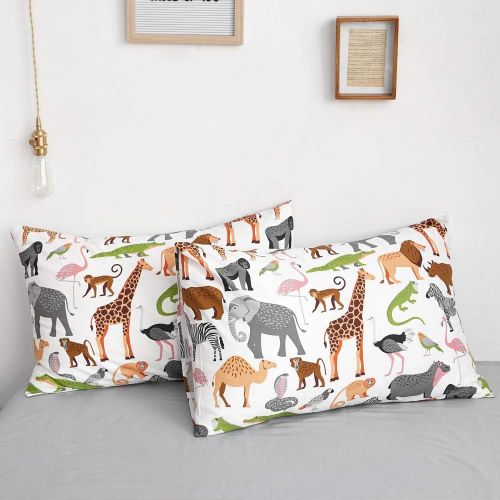  [아마존베스트]AOJIM Elephant Flamingo Lion Dinosaur Deer Zebra Duvet Cover Set, Animals Zoo Bedding Pillowcases Pure Cotton Made Twin Size