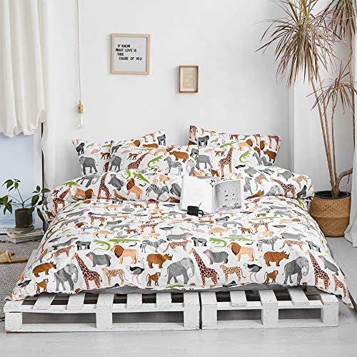  [아마존베스트]AOJIM Elephant Flamingo Lion Dinosaur Deer Zebra Duvet Cover Set, Animals Zoo Bedding Pillowcases Pure Cotton Made Twin Size