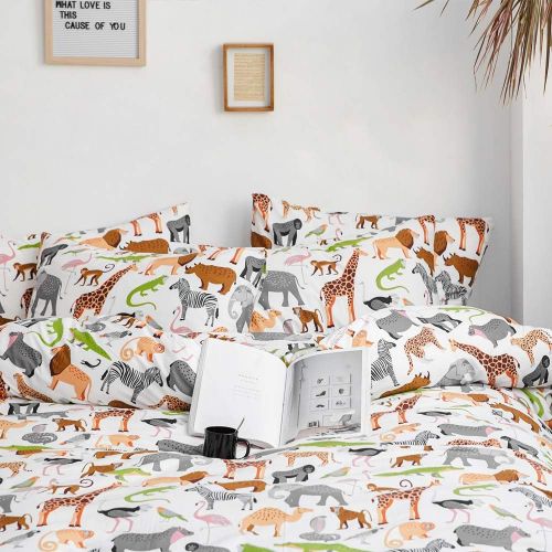  [아마존베스트]AOJIM Elephant Flamingo Lion Dinosaur Deer Zebra Duvet Cover Set, Animals Zoo Bedding Pillowcases Pure Cotton Made Twin Size