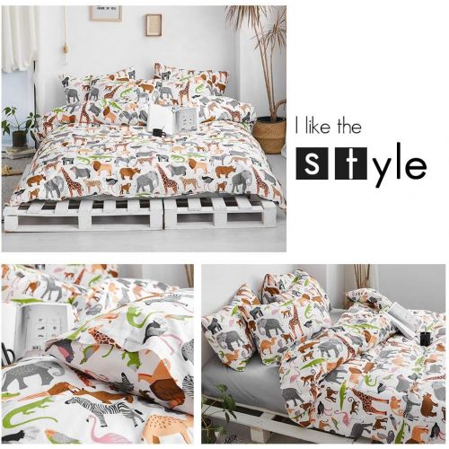  [아마존베스트]AOJIM Elephant Flamingo Lion Dinosaur Deer Zebra Duvet Cover Set, Animals Zoo Bedding Pillowcases Pure Cotton Made Twin Size