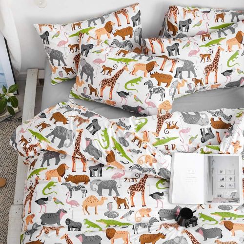  [아마존베스트]AOJIM Elephant Flamingo Lion Dinosaur Deer Zebra Duvet Cover Set, Animals Zoo Bedding Pillowcases Pure Cotton Made Twin Size