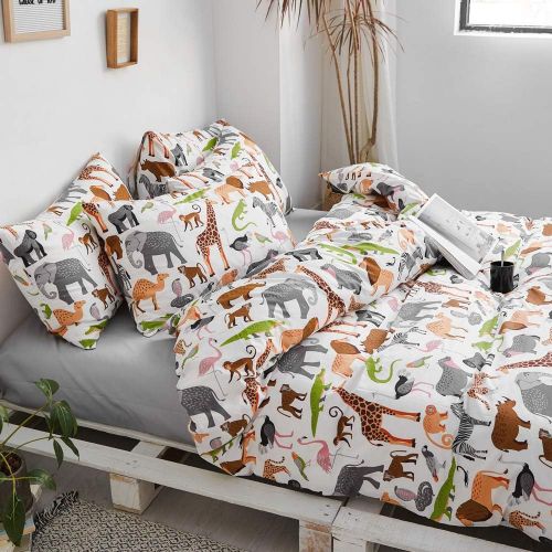  [아마존베스트]AOJIM Elephant Flamingo Lion Dinosaur Deer Zebra Duvet Cover Set, Animals Zoo Bedding Pillowcases Pure Cotton Made Twin Size