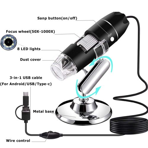  [아마존베스트]AOLOX USB Microscope, 1000x Handheld Digital Microscope Camera with 8 LED Light and Stand Hobby Tools for Kids, Students, Adults, Compatible with Mac/ Window 7/Android