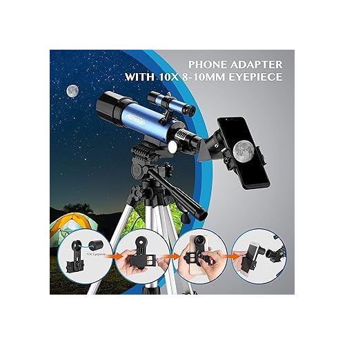  AOMEKIE Telescope for Adults with Backpack 10X Phone Adapter Telescope for Astronomy Beginners with Adjustable Tripod Finderscope Portable Telescopes with Moon Filter Best Gift