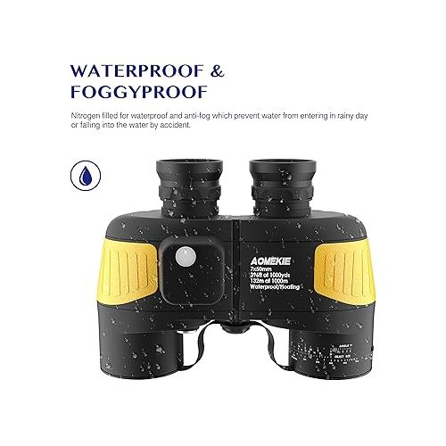  AOMEKIE Marine Binoculars for Adults 7X50 Military Waterproof Binoculars with Illuminated Rangefinder Compass BAK4 Prism IPX7 Fogproof for Boating Navigation Hunting Fishing Water Sports