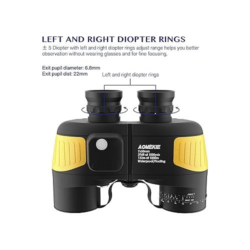  AOMEKIE Marine Binoculars for Adults 7X50 Military Waterproof Binoculars with Illuminated Rangefinder Compass BAK4 Prism IPX7 Fogproof for Boating Navigation Hunting Fishing Water Sports