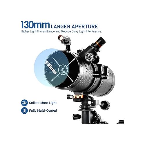  Telescope AOMEKIE 130EQ Newtonian Reflector Telescopes for Adults Professional Telescopes for Astronomy Beginners, Comes with 2X Barlow Lens Adjustable Tripod & Phone Adapter