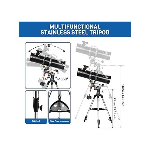  Telescope AOMEKIE 130EQ Newtonian Reflector Telescopes for Adults Professional Telescopes for Astronomy Beginners, Comes with 2X Barlow Lens Adjustable Tripod & Phone Adapter