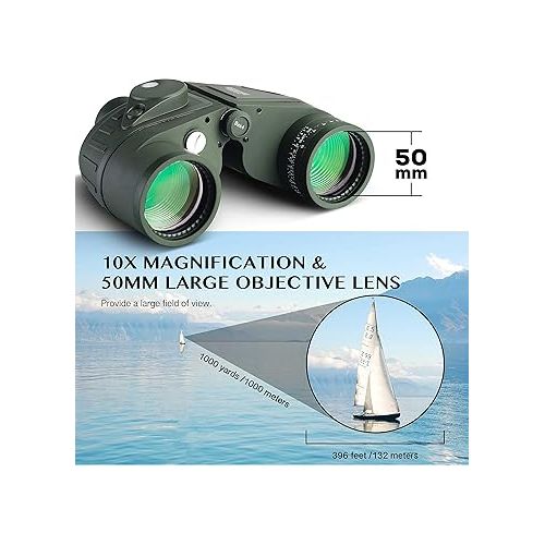  AOMEKIE Marine Binoculars for Adults 10x50 Waterproof Binoculars with Rangefinder Compass BAK4 Prism FMC Lens for Birdwatching Hunting Boating