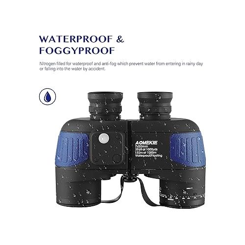  AOMEKIE Binoculars for Adults 7X50 Marine Binoculars Waterproof with Illuminated Rangefinder Compass BAK4 IPX7 Binoculars for Boating Military Navigation Hunting Fishing Water Sports